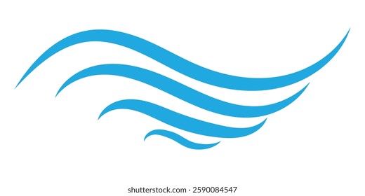 A dynamic graphic featuring multiple flowing, wavy lines of bright blue against a plain white background.