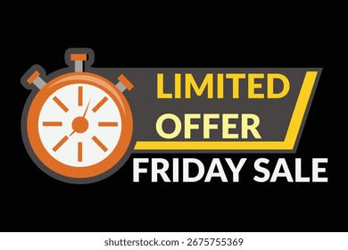 Gráfico dinâmico com um cronômetro cronômetro e texto em negrito anunciando uma oferta de tempo limitado para venda de sexta-feira preta. Ideal para promoções, descontos e campanhas de marketing urgentes.