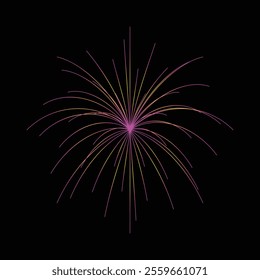 A dynamic graphic of a fireworks burst, featuring bright pink and yellow streaks radiating outward from a central point against a completely black background.