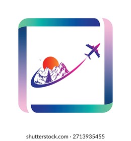 Dynamic graphic illustrating flight over majestic alpine peaks during a colorful dusk or dawn moment.