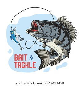 A dynamic graphic showcasing a bass fish leaping from water to catch a colorful lure. The design emphasizes the thrill of fishing and outdoor activities.