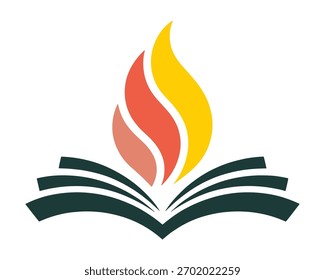 Gráfico dinámico que muestra un libro abierto con llamas rojas y amarillas vibrantes que se elevan. Simboliza el conocimiento y el aprendizaje de la ilustración.