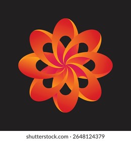 A dynamic graphic with swirling red and orange petals creating a radial pattern. The vibrant gradient forms an elegant motion on black.