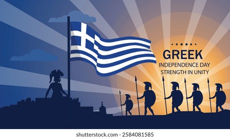 A dynamic Greek Independence Day banner featuring warriors standing tall with the Greek flag in the background, symbolizing courage, freedom, and national pride.