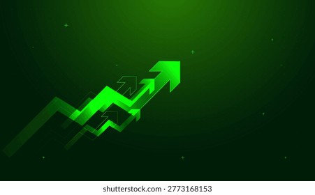 Dynamic green arrows surge upward against a dark grid, illustrating a powerful economic rise. with finance-themed visual features layered arrows that signal a steady and successful