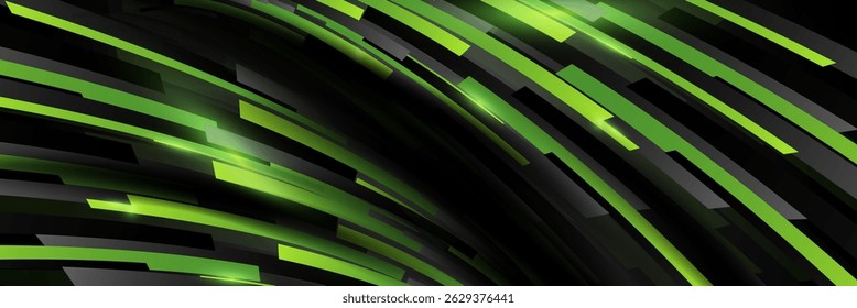 Dynamic green and black abstract background with curved striped shapes on dark surface