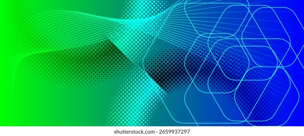 Fondo abstracto de color verde a azul dinámico con puntos de semitono, líneas onduladas y cuadrados redondeados superpuestos. Perfecto para proyectos gráficos tecnológicos, digitales o modernos.