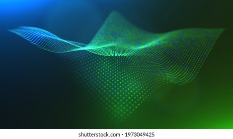 Dynamic Green And Blue Dot Landscape. Abstract Digital Wave Background. Network Data Structure. Point Grid Visualization. Technology Vector Illustration.