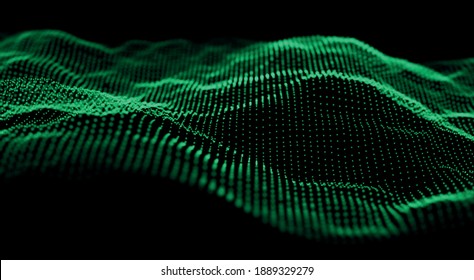 Dynamic Green Dot Landscape. Abstract Digital Wave Background. Network Data Structure. Point Grid Visualization. Technology Vector Illustration.