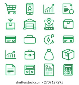 Iconos dinámicos de la línea verde para el comercio electrónico y el análisis de negocios.