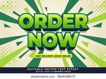 Dynamic green ORDER NOW editable 3D text effect featuring glossy lime typography with dark green bevels, set against an energetic pop art sunburst backdrop with halftone dot patterns and geometric ray elements. Perfect for e-commerce call-to-action banners, fast delivery promo flyers, online shop promotional posters, retail sale graphics, and social media advertising.
