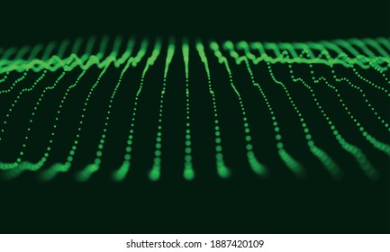 Dynamic green particle wave. Abstract sound visualization. Flow digital structure. Mesh landscape or grid data technology.
