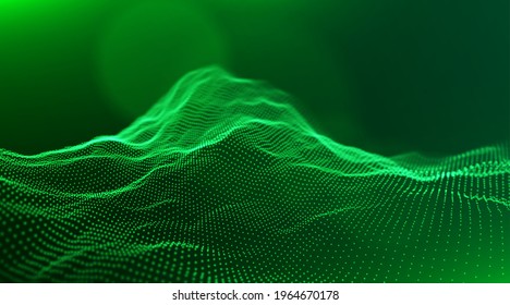 Dynamic green particle wave. Abstract sound visualization. Flow digital structure. Mesh landscape or grid data technology.