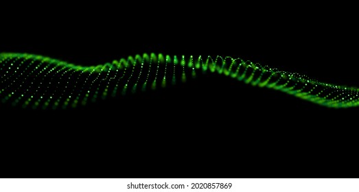 Dynamic green particle wave. Abstract sound visualization. Flow digital structure. Mesh landscape or grid data technology.