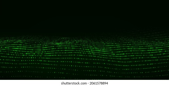 Dynamic green particle wave. Futuristic point glowing wave. Flow digital structure. Data technology background. Vector illustration.