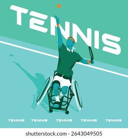 Dynamic green poster featuring a silhouette of a tennis player with a disability serving a ball, set against a half-color background. Perfect for promoting inclusivity, sports, and empowerment.