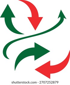Dynamic green and red arrows show flow, change, growth, and decline