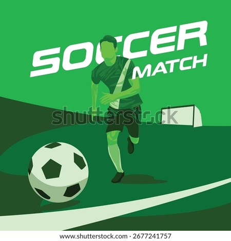 Dynamic green soccer player running towards the ball on the field with goalpost in background, modern blue sports poster illustration with unique frog eye perspective.