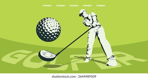 dynamic Green sporty male Golfer in mid-swing, wielding a gold club silhouette illustration.