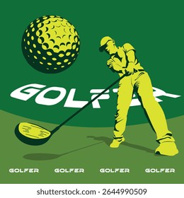 dynamic Green sporty male Golfer in mid-swing, wielding a gold club silhouette illustration.