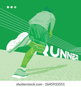dynamic green sporty male runner silhouette illustration. low angle perspective view
