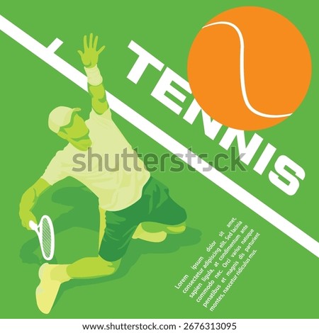 Dynamic green vector illustration of a male tennis player hitting the ball, top view perspective.