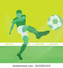 Ilustração vetorial verde dinâmica de um jogador de futebol chutando uma bola durante um torneio em silhueta. Design moderno em estilo plano com fundo abstrato verde