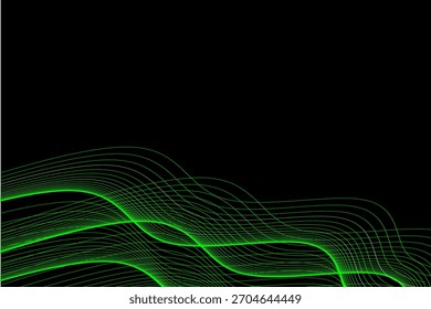 Líneas Abstractas de la onda verde dinámica sobre el fondo negro para el diseño digital y los visuales de la tecnología
