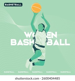 Dynamic green women basketball player jumping with the ball in the air, top view, whole body visible from head to legs, free throw
