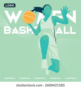 Dynamic green women basketball player jumping with the ball in the air, top view, whole body visible from head to legs