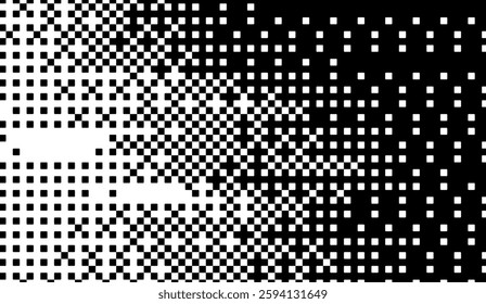 Dynamic grid of black and white squares transitioning from sparse to dense creating an optical gradient illusion emphasizing contrast and balance