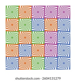 A dynamic grid pattern of 25 squares with colorful spiral designs, featuring green, orange, purple, and blue hues. Great for artistic projects.