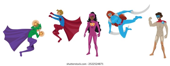 Grupo Dinámico De Superhéroes Que Posan Con Confianza En Varias Posturas. Diversos Super Héroes Personajes Masculinos Y Femeninos. Ilustración vectorial.