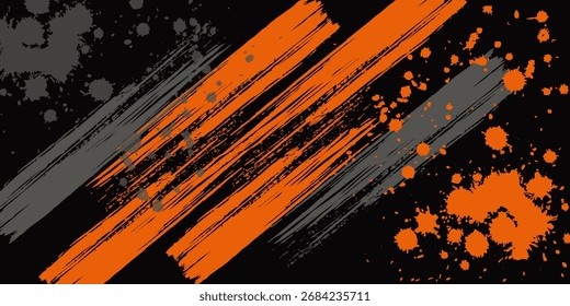 Plano de fundo grunge dinâmico com traçados de pincel laranja diagonal em negrito e manchas de tinta em uma superfície texturizada escura. Perfeito para esportes, corridas, temas de energia, design de pôster e gráficos modernos 