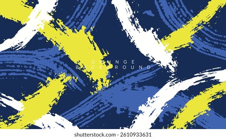Dynamic grunge pattern featuring blue, yellow and white abstract brushstrokes, perfect for vibrant artistic backgrounds and creative design elements.