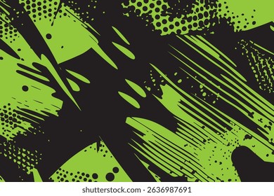 Dynamic grunge vector texture. Chaotic green and black paint effects with bold lines and distressed elements, perfect for sports, music, or urban-themed graphics.