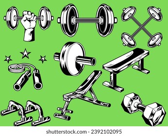 Ilustración vectorial del equipo de gimnasio dinámico. Perfecto para los conceptos de fitness, salud y ejercicio.