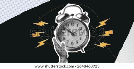 Dynamic halftone cutout illustration featuring an alarm clock and a hand surrounded by lightning bolts on a solid black background. Bold and energetic design perfect for posters
