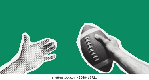 Dynamic halftone cutout illustration of hands gripping an American football against a vibrant green background. Bold and energetic design combining vintage pop art textures 