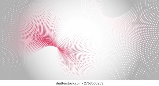 A dynamic halftone dot swirl with pink tones blending into white, forming a flowing abstract wave that creates depth, motion, and a modern digital aesthetic.