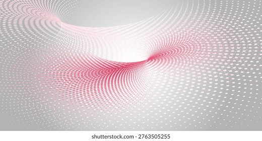 A dynamic halftone dot swirl with pink tones blending into white, forming a flowing abstract wave that creates depth, motion, and a modern digital aesthetic.