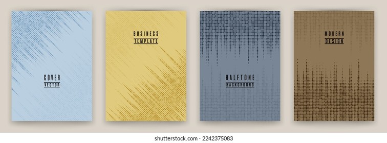 Dynamic halftone dot texture placard background vector set. Brochure cover page creative templates. Hipster pattern poster backgrounds collection. Business cover layouts. Halftone dots lines.