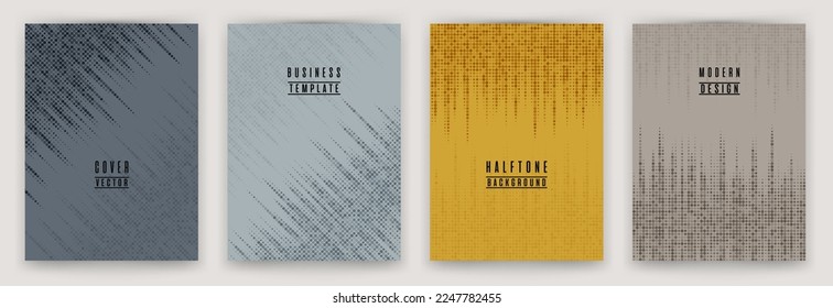 Dynamic halftone dot texture placard background vector set. Brochure cover page colorful templates. Hipster pattern poster backgrounds collection. Business cover layouts. Halftone dots lines.