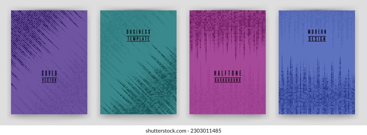 Conjunto de vectores de fondo de la rótula de textura dinámica de medio tono. Plantillas de colores de portada de folletos. Colección de fondo de afiches de patrones de hipster. Conjunto de fondo de geometría plana de presentación Web.