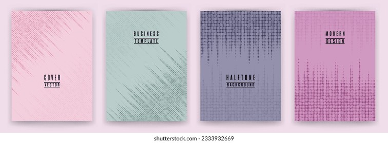 Dynamic halftone dot texture placard background vector set. Brochure cover page digital templates. Geometric pattern banner backgrounds design. School notebook cover halftone dots print.