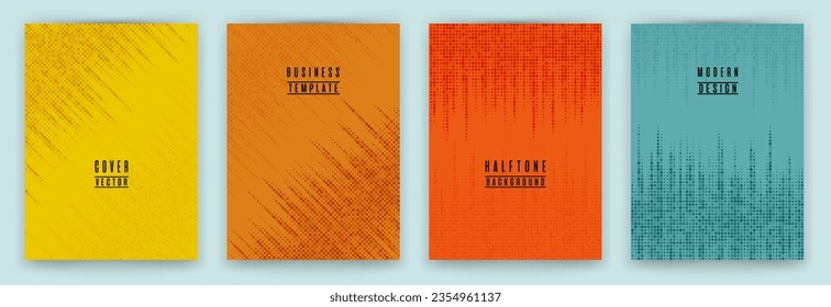 Dynamic halftone dot texture placard background vector set. Brochure cover page dotted templates. Geometric pattern flyer backgrounds design. School notebook cover halftone dots print.