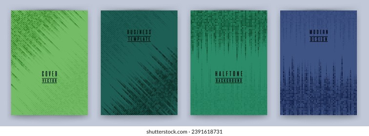 Dynamic halftone dot texture placard background vector set. Brochure cover page creative templates. Minimal pattern poster backgrounds collection. School copybook cover halftone dots print.