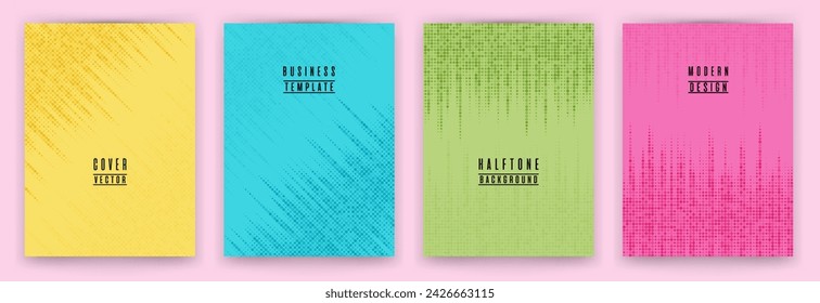 Dynamic halftone dot texture placard background vector set. Brochure cover page creative templates. Geometric pattern flyer backgrounds collection. Magazine cover page halftone dots layout. 