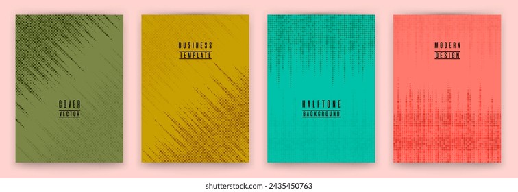 Dynamic halftone dot texture placard background vector set. Brochure cover page colorful templates. Geometric pattern flyer backgrounds collection. School copybook cover halftone dots print.