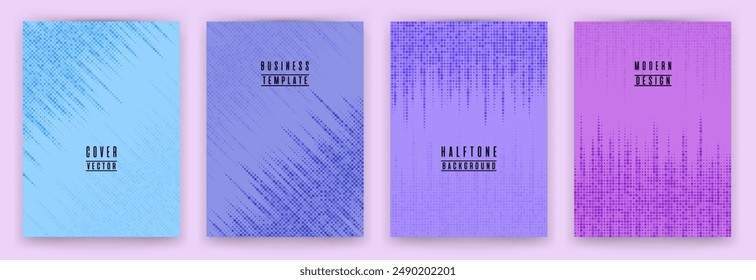 Dynamic halftone dot texture placard background vector set. Brochure cover page digital templates. Minimal pattern poster backgrounds collection. Typography design graphic templates.